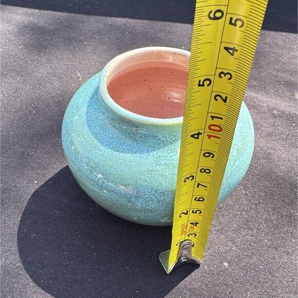 Rare 1935 Pisgah Forest Turquoise Blue & Pink Low Bowl Vase Nice! - Picture 8 of 10